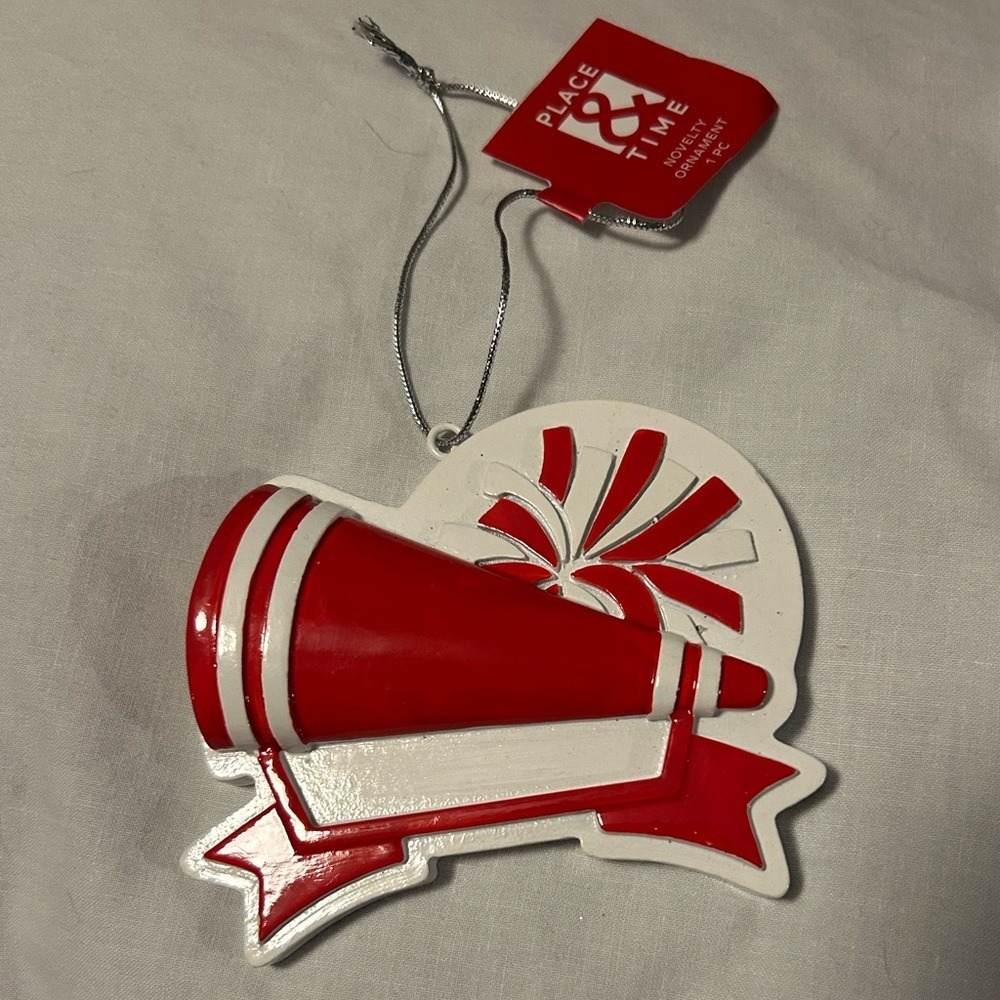 Place & Time Red White Cheerleader Megaphone Pom Pom Ornament 2005-2833